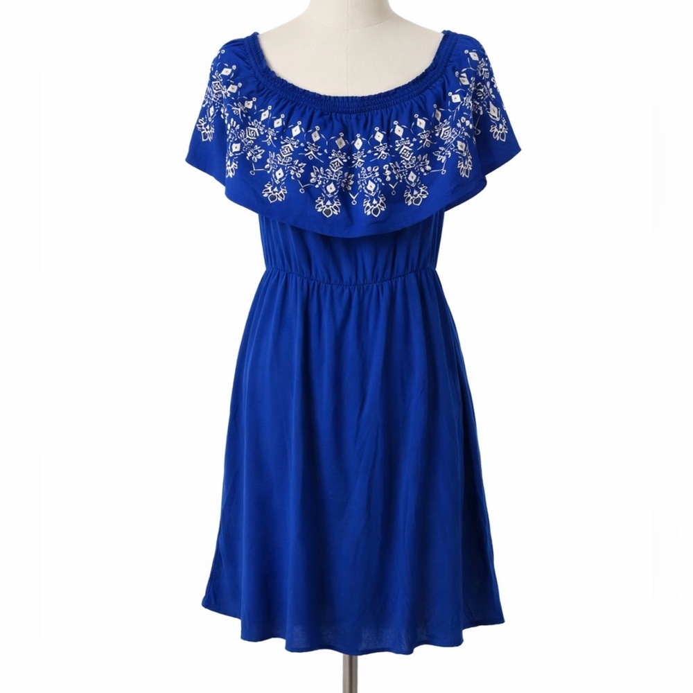 Soma Off Shoulder White Embroidered Cobalt Blue Resort Casual Dress